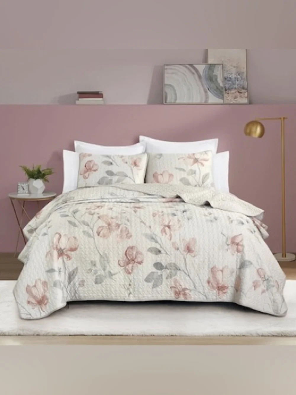 Floral Quilt Set in Blush and Gray Queen 3 piece set